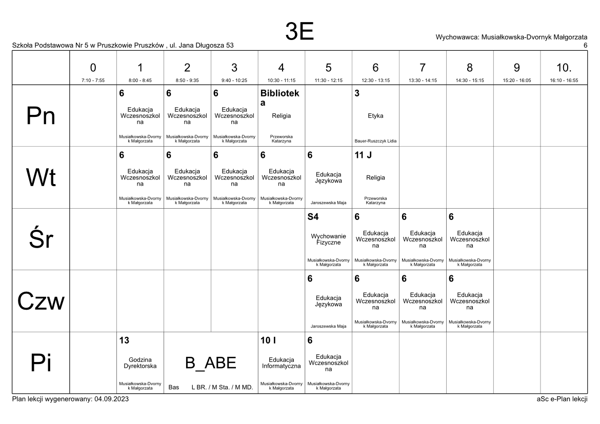 Plan Lekcji | Szkoła Podstawowa Nr 5 W Pruszkowie